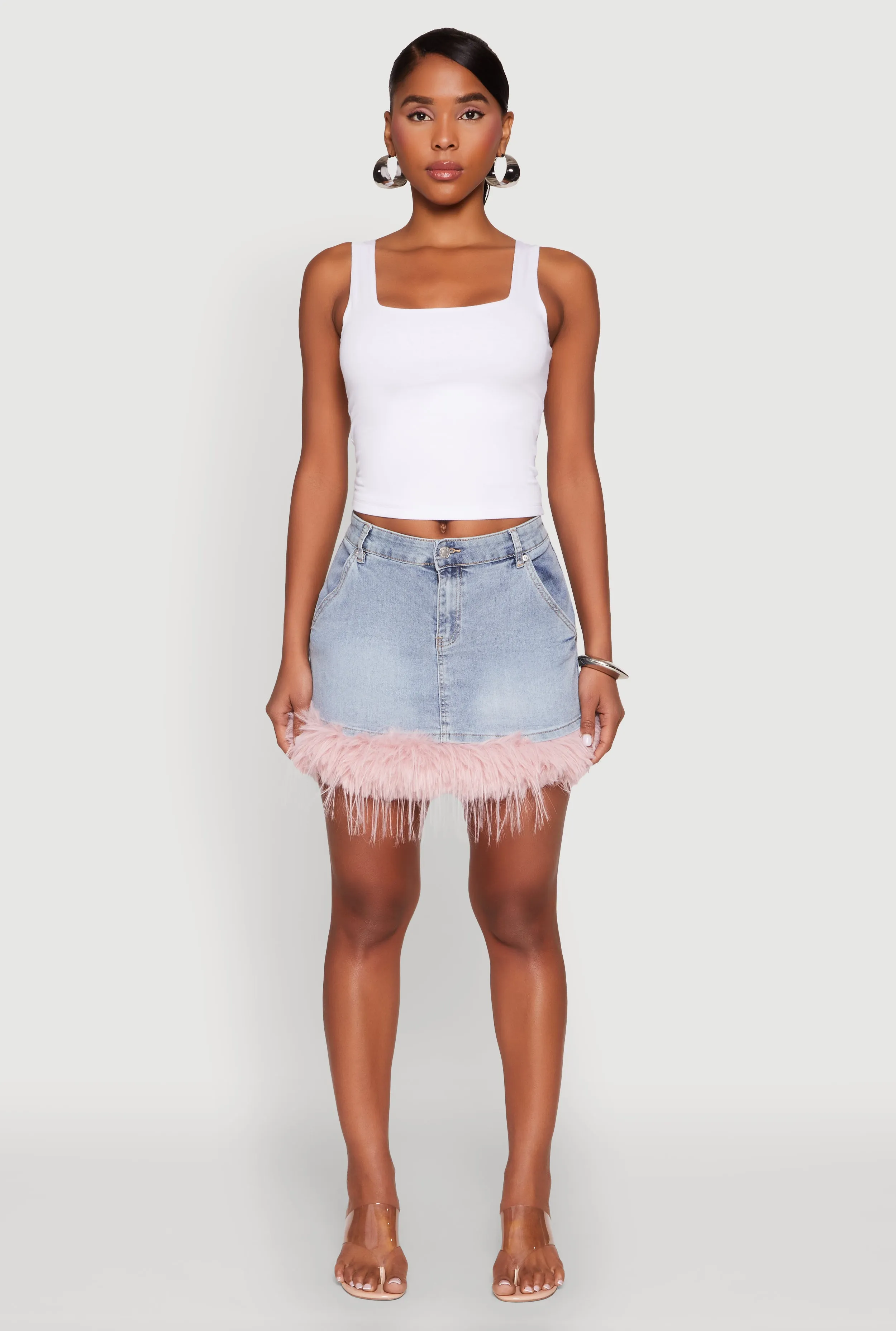 Almost Famous Faux Fur Trim Denim Mini Skirt