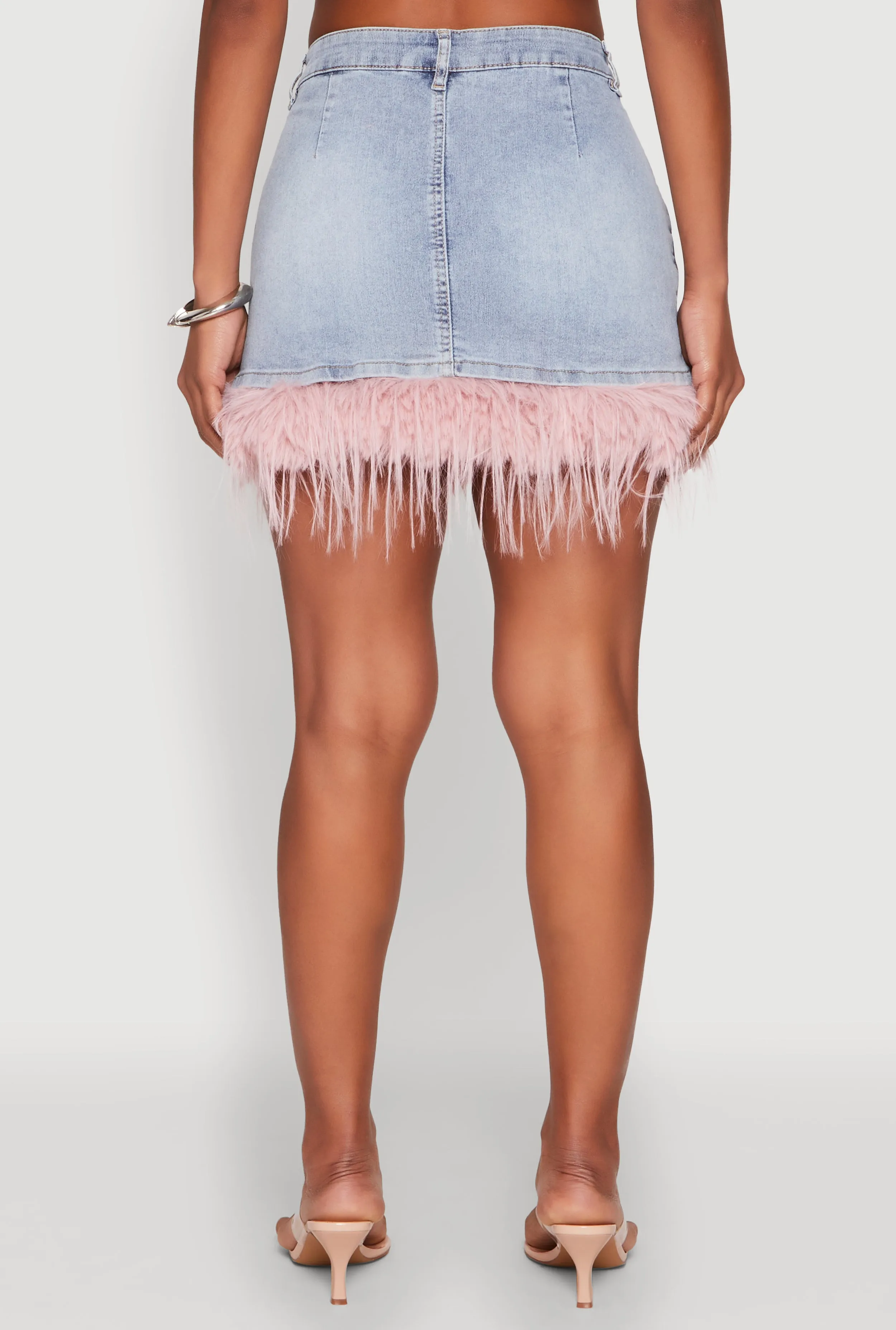 Almost Famous Faux Fur Trim Denim Mini Skirt