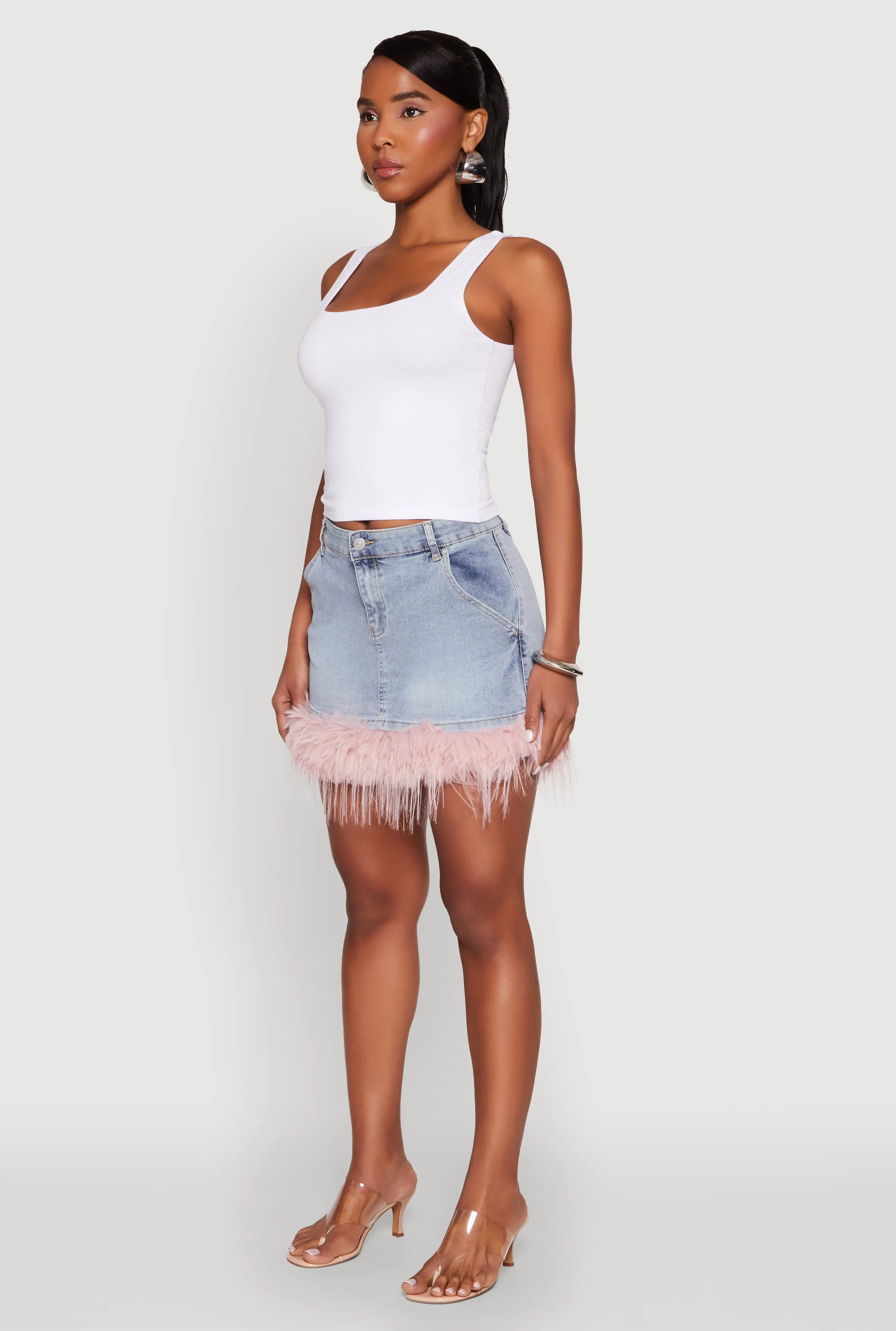Almost Famous Faux Fur Trim Denim Mini Skirt