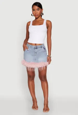 Almost Famous Faux Fur Trim Denim Mini Skirt