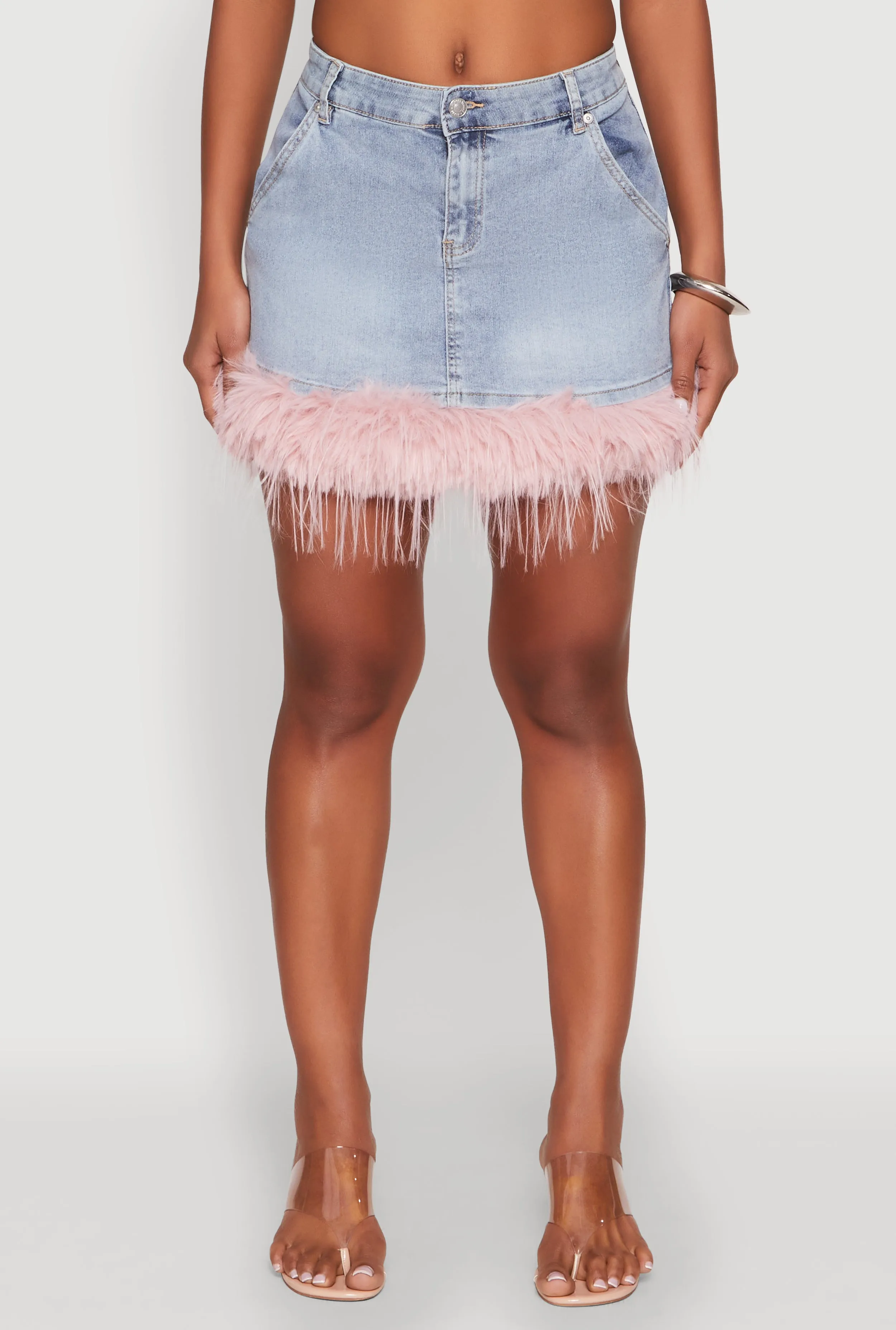 Almost Famous Faux Fur Trim Denim Mini Skirt