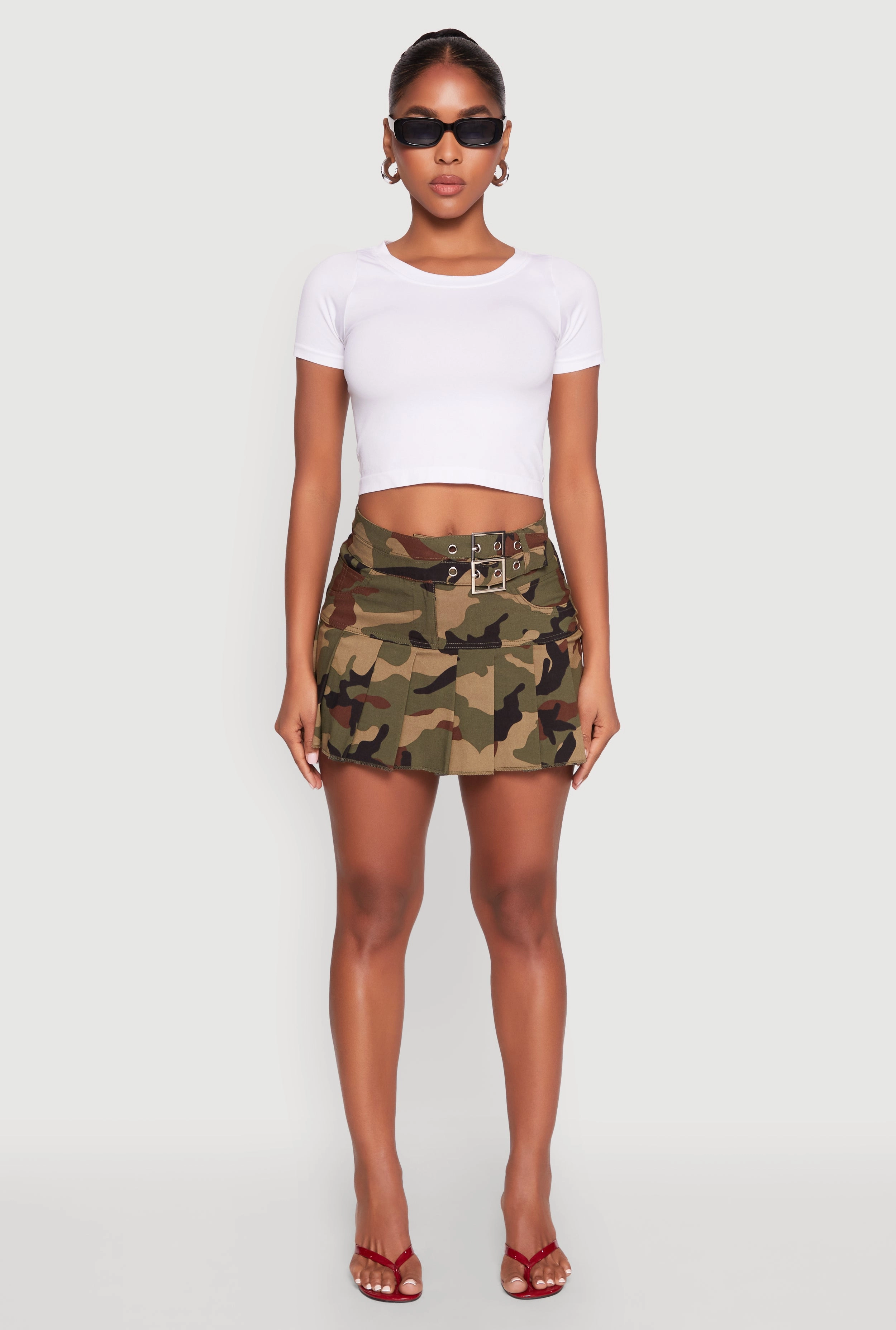 Belted Front Mini Pleated Skirt