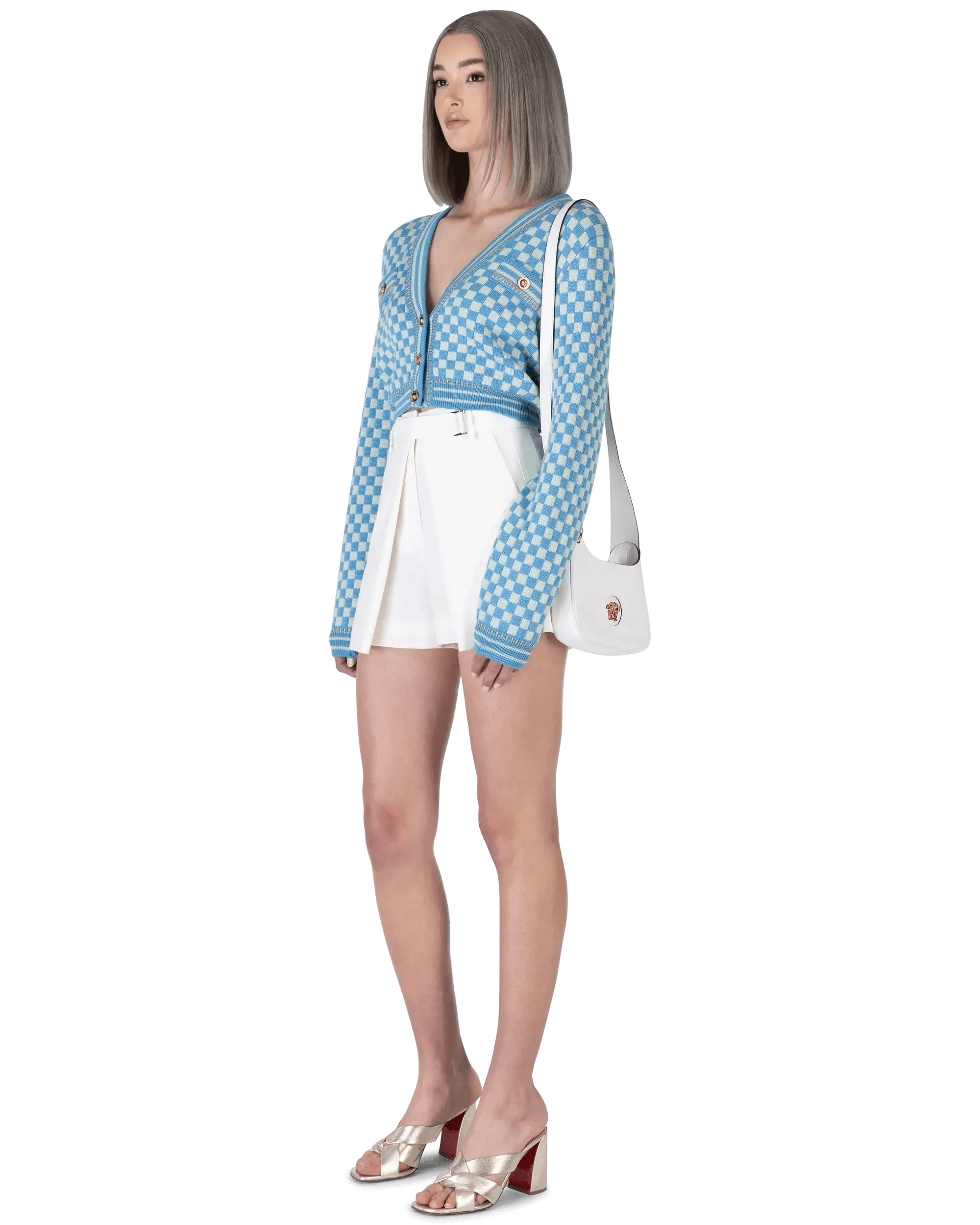Cropped Heritage Checkboard Knit Cardigan