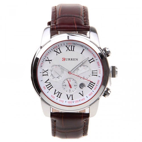 Curren Men's Chronograph with Leather Band (White 4.5cm Dial) - Roman - CUR080