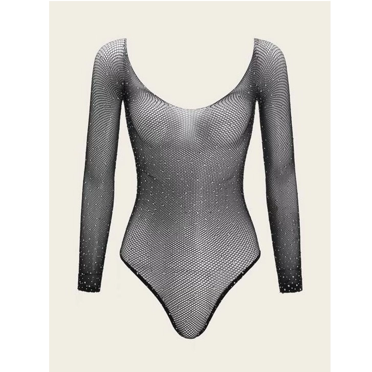 Fishnet Long Sleeved Rhinestone Studded Teddy Bodysuit (One Size)