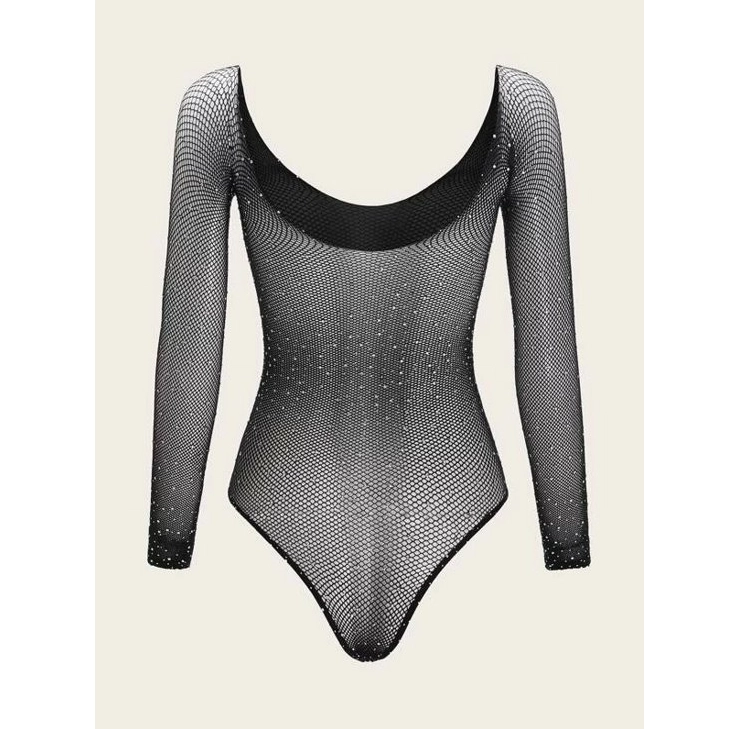 Fishnet Long Sleeved Rhinestone Studded Teddy Bodysuit (One Size)