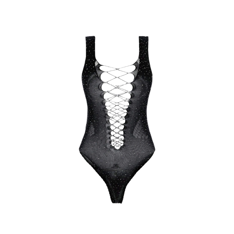 Rhinestone Studded Cut Out Front Bodysuit Black (One Size)