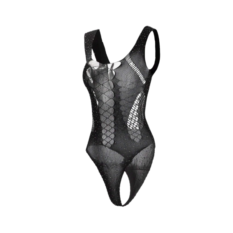 Rhinestone Studded Cut Out Front Bodysuit Black (One Size)