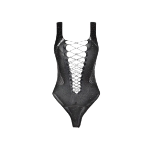Rhinestone Studded Cut Out Front Bodysuit Black (One Size)