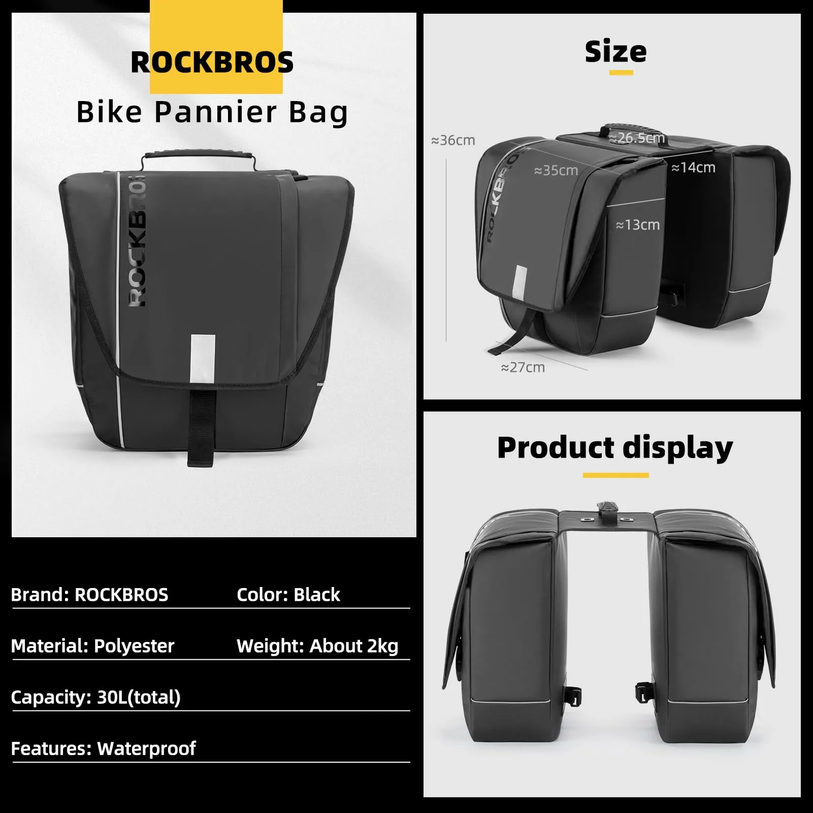ROCKBROS 30L Bike Rear Rack Panniers Bags for Bicycles Waterproof