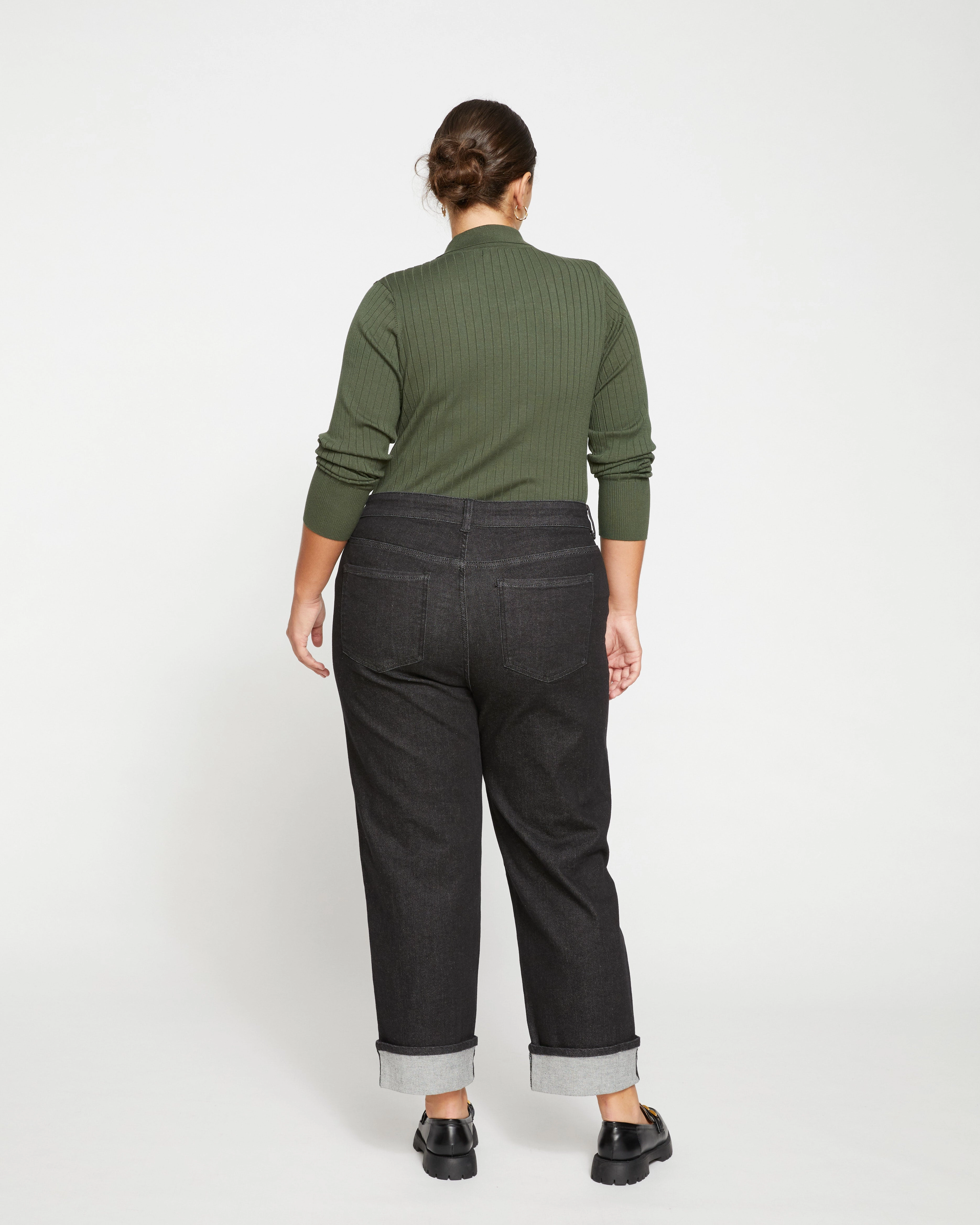 Stevie High Rise Cuffed Straight Leg Jeans - Black Selvedge