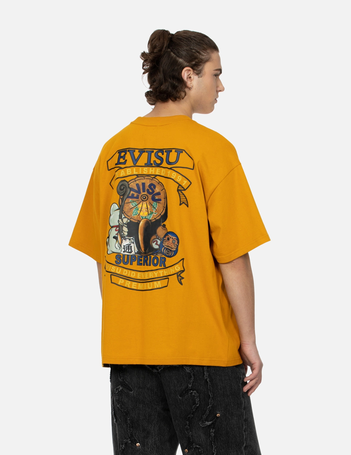 Tanuki and Fortune Cat Print Loose Fit T-Shirt