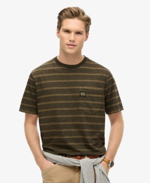 Textured Stripe Pocket T Shirt | Washed Beach Dark Green Stripe