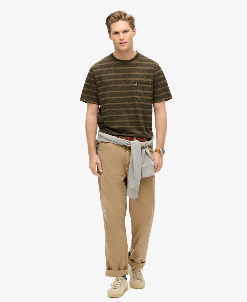 Textured Stripe Pocket T Shirt | Washed Beach Dark Green Stripe