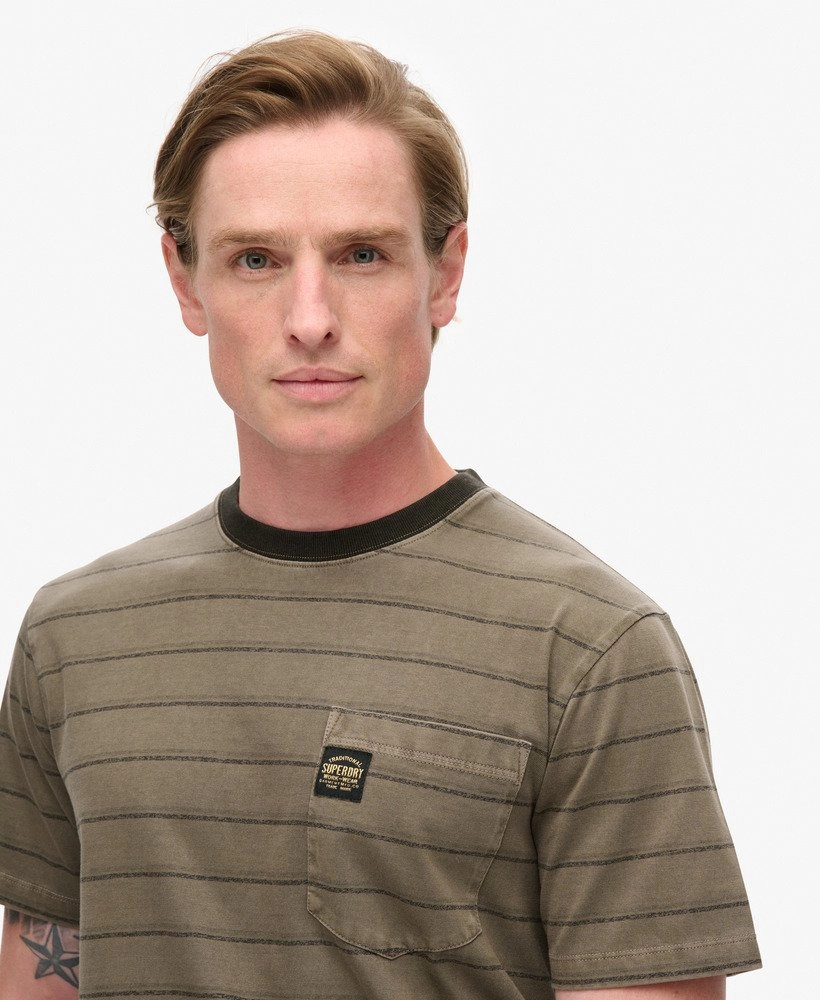 Textured Stripe Pocket T Shirt | Washed Morel Brown Stripe