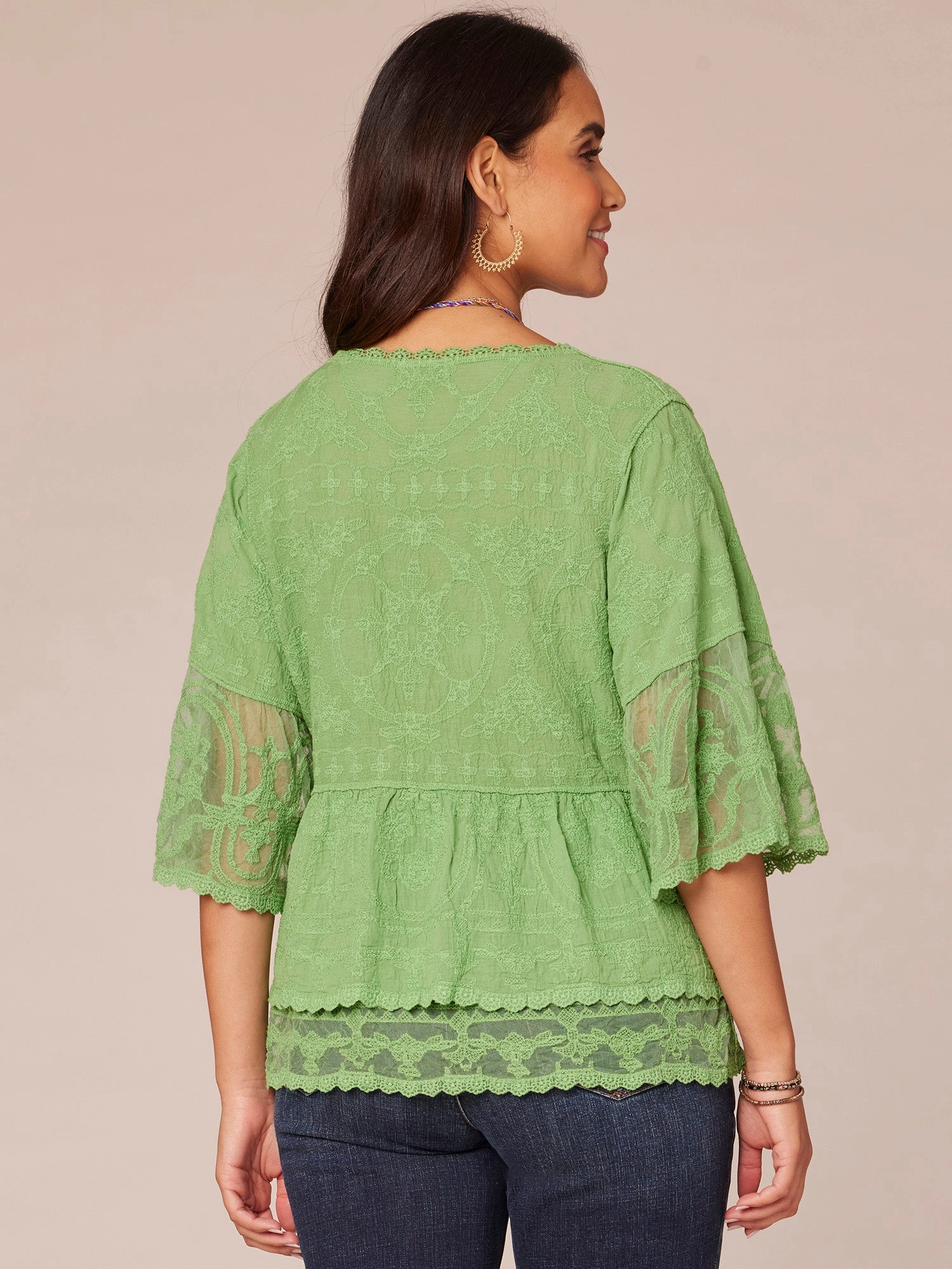 Three Quarter Bell Sleeve Scoop Neck Double Flounce Hem Woven Top