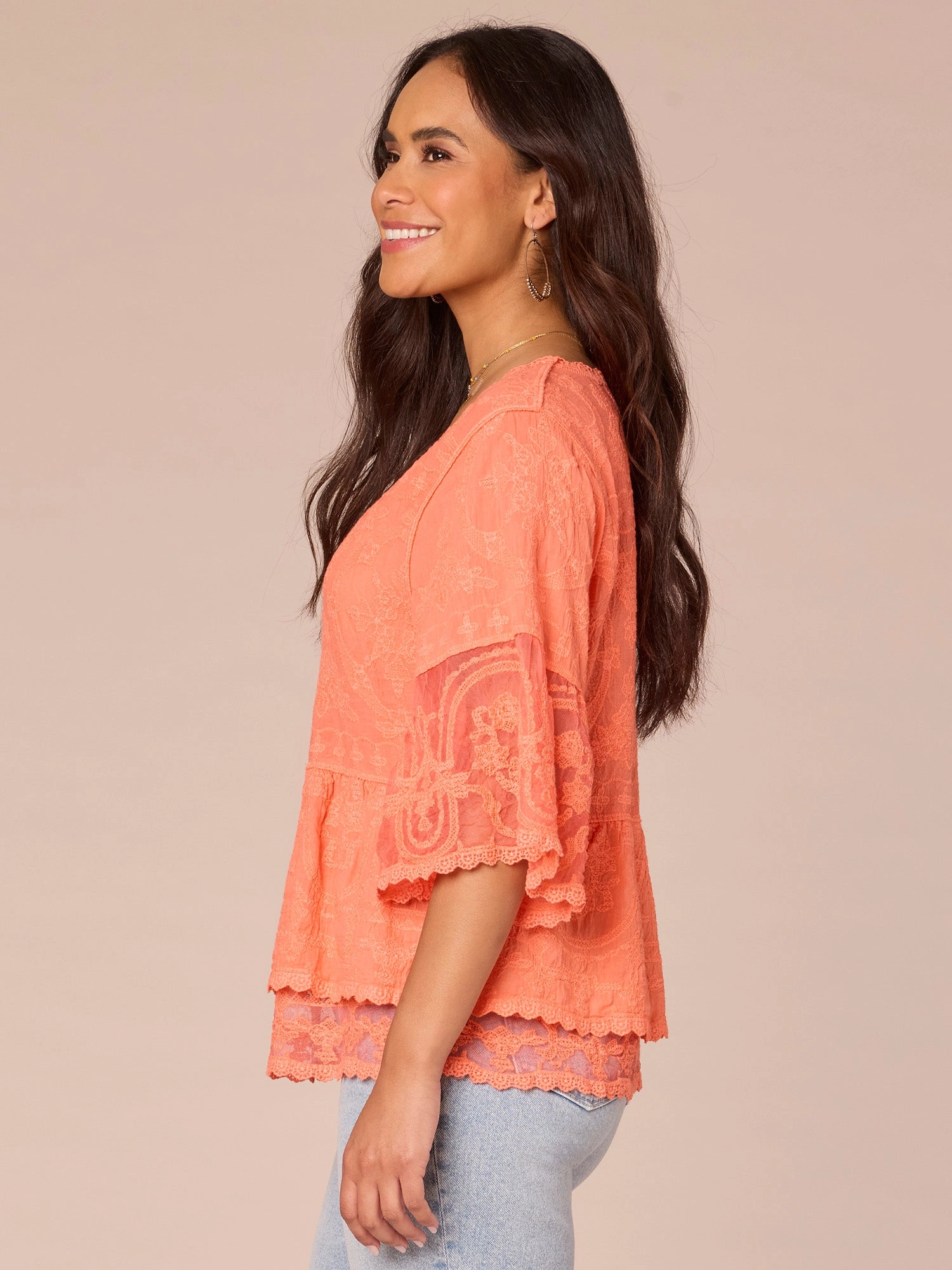 Three Quarter Bell Sleeve Scoop Neck Double Flounce Hem Woven Top