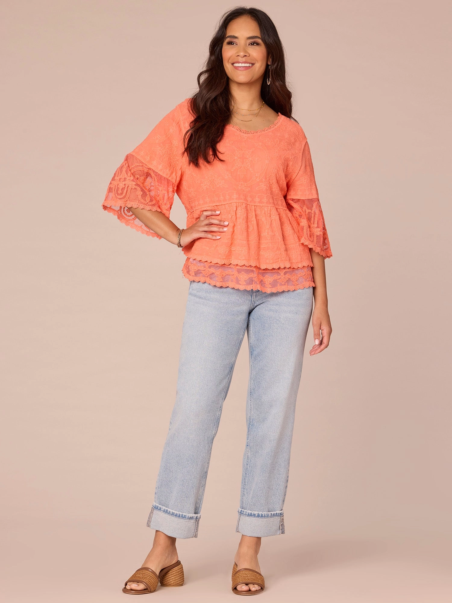 Three Quarter Bell Sleeve Scoop Neck Double Flounce Hem Woven Top