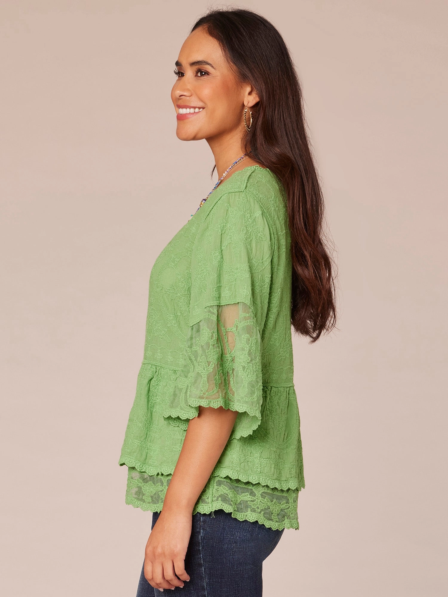 Three Quarter Bell Sleeve Scoop Neck Double Flounce Hem Woven Top