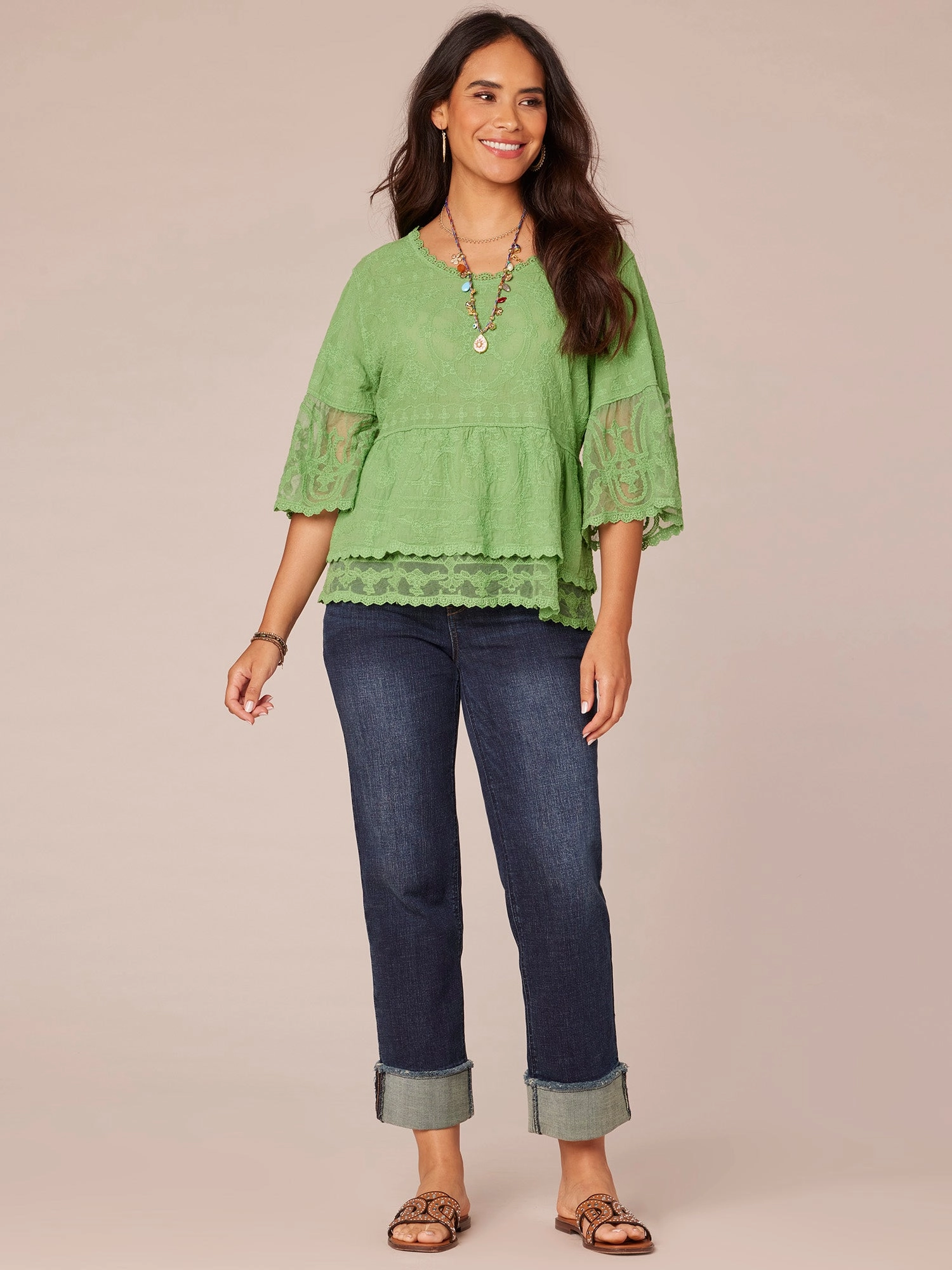 Three Quarter Bell Sleeve Scoop Neck Double Flounce Hem Woven Top