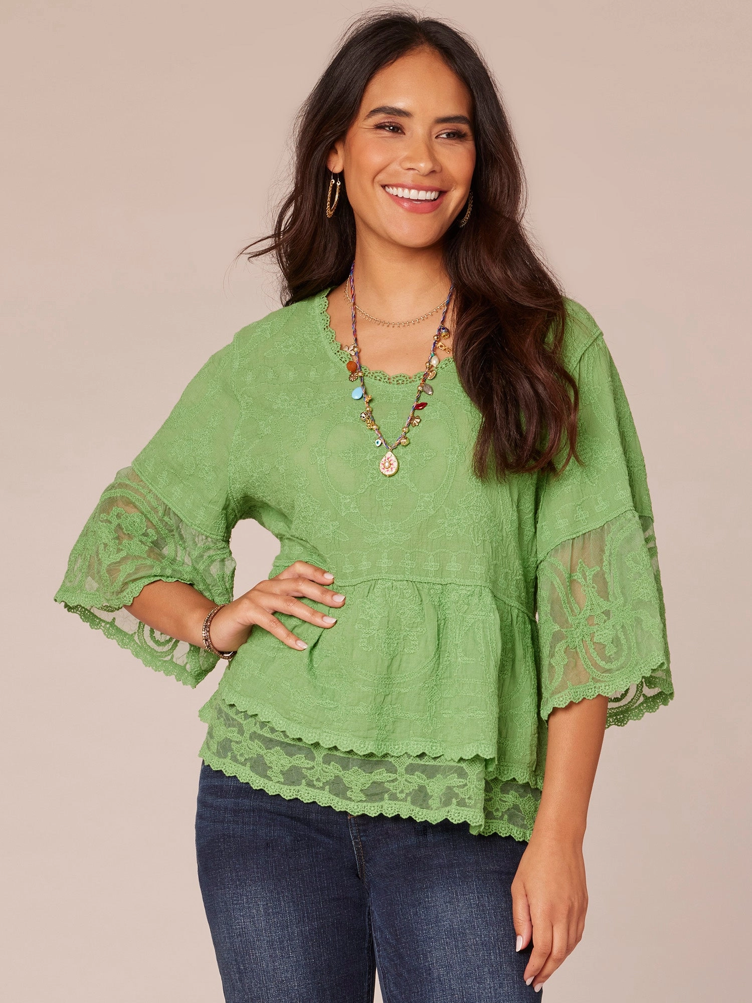 Three Quarter Bell Sleeve Scoop Neck Double Flounce Hem Woven Top