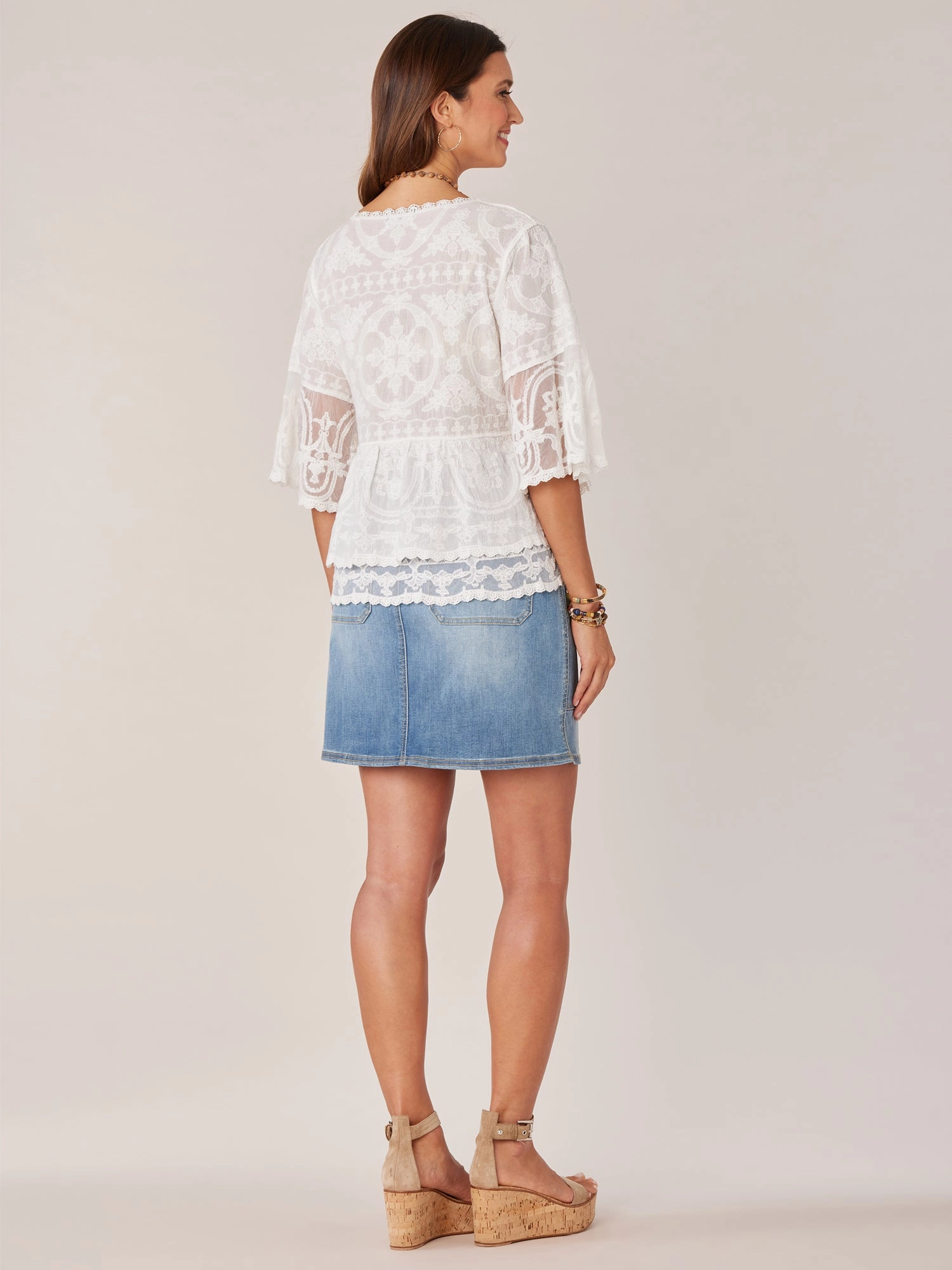 Three Quarter Bell Sleeve Scoop Neck Double Flounce Hem Woven Top