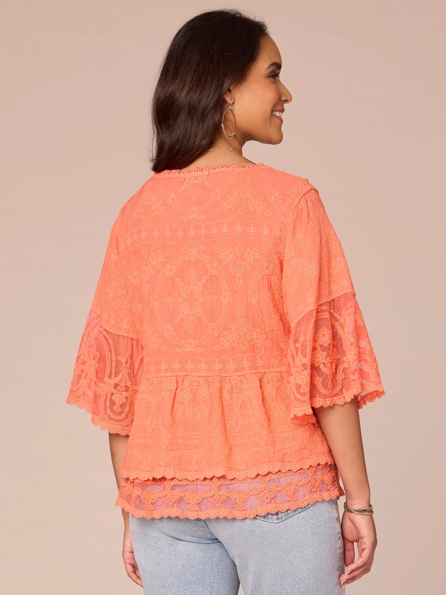 Three Quarter Bell Sleeve Scoop Neck Double Flounce Hem Woven Top