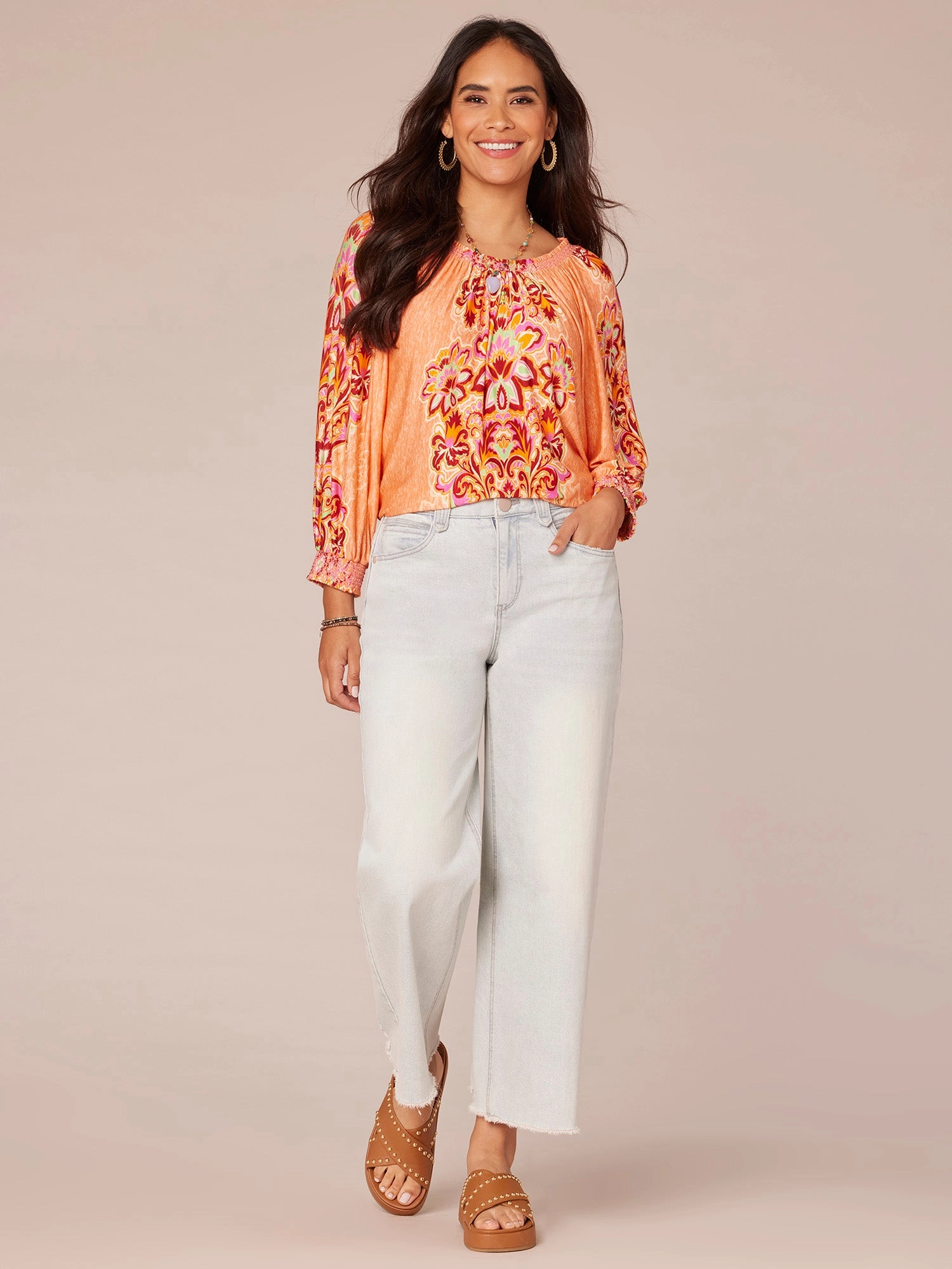 Three Quarter Blouson Sleeve Smock Scoop Neck Placement Print Knit Top