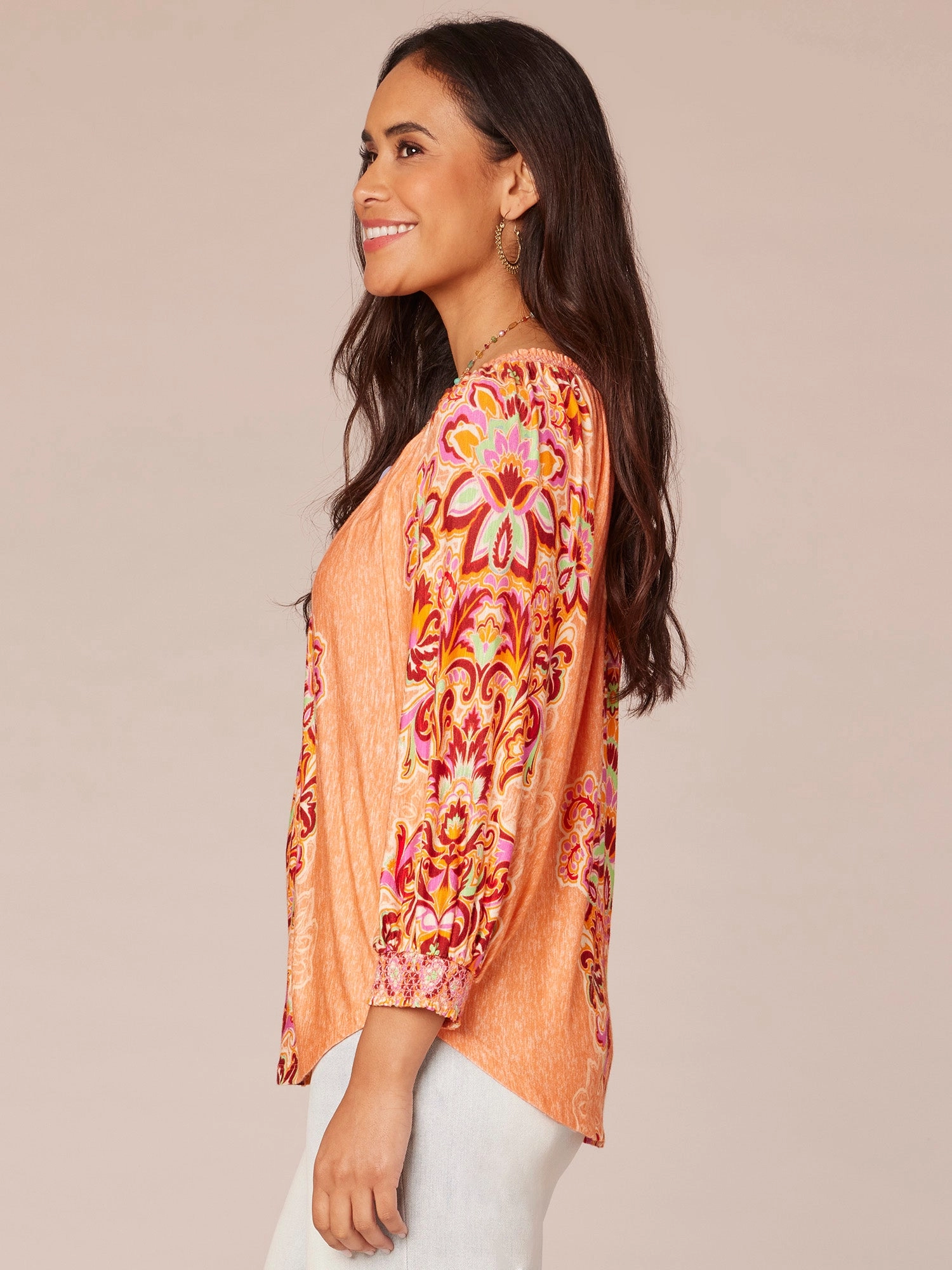 Three Quarter Blouson Sleeve Smock Scoop Neck Placement Print Knit Top