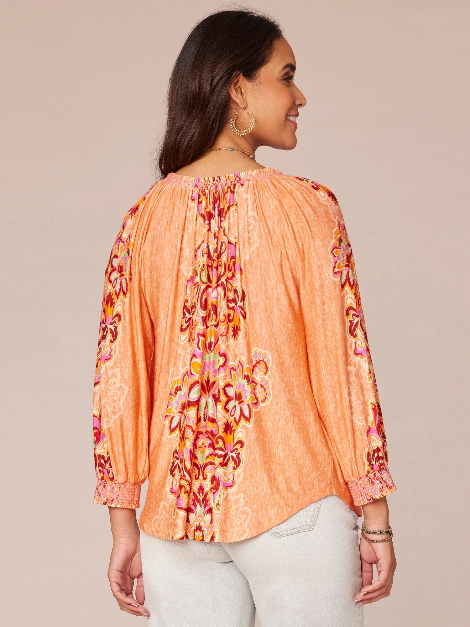 Three Quarter Blouson Sleeve Smock Scoop Neck Placement Print Knit Top