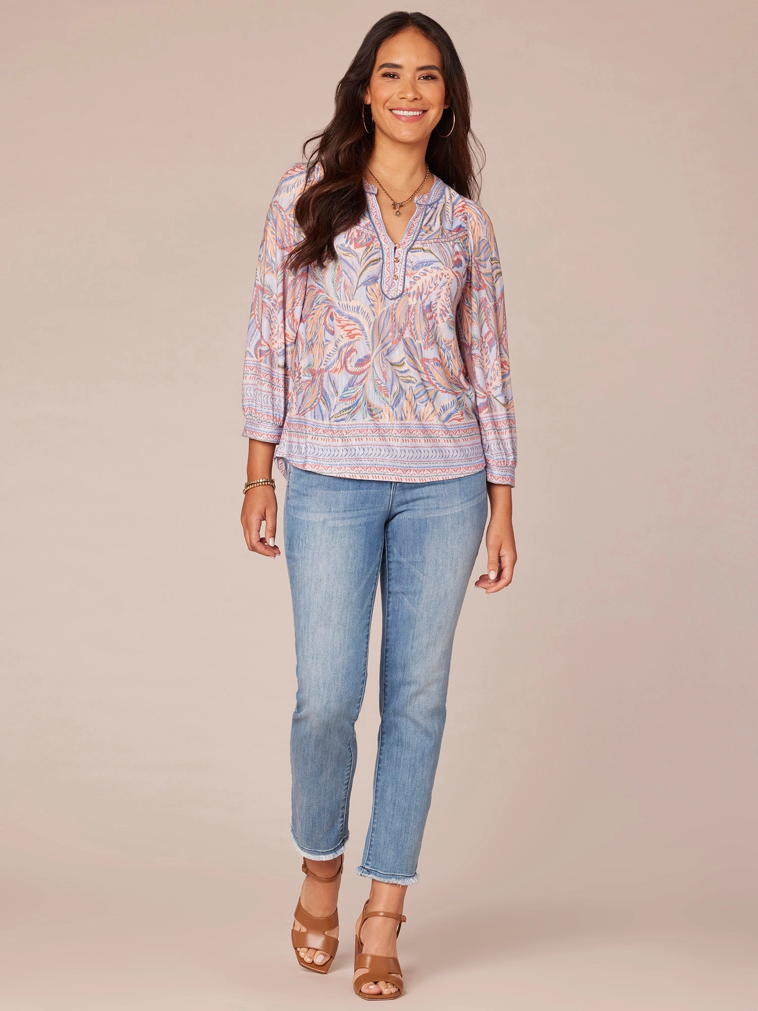 Three Quarter Blouson Sleeve Split Neck Border Print Knit Top