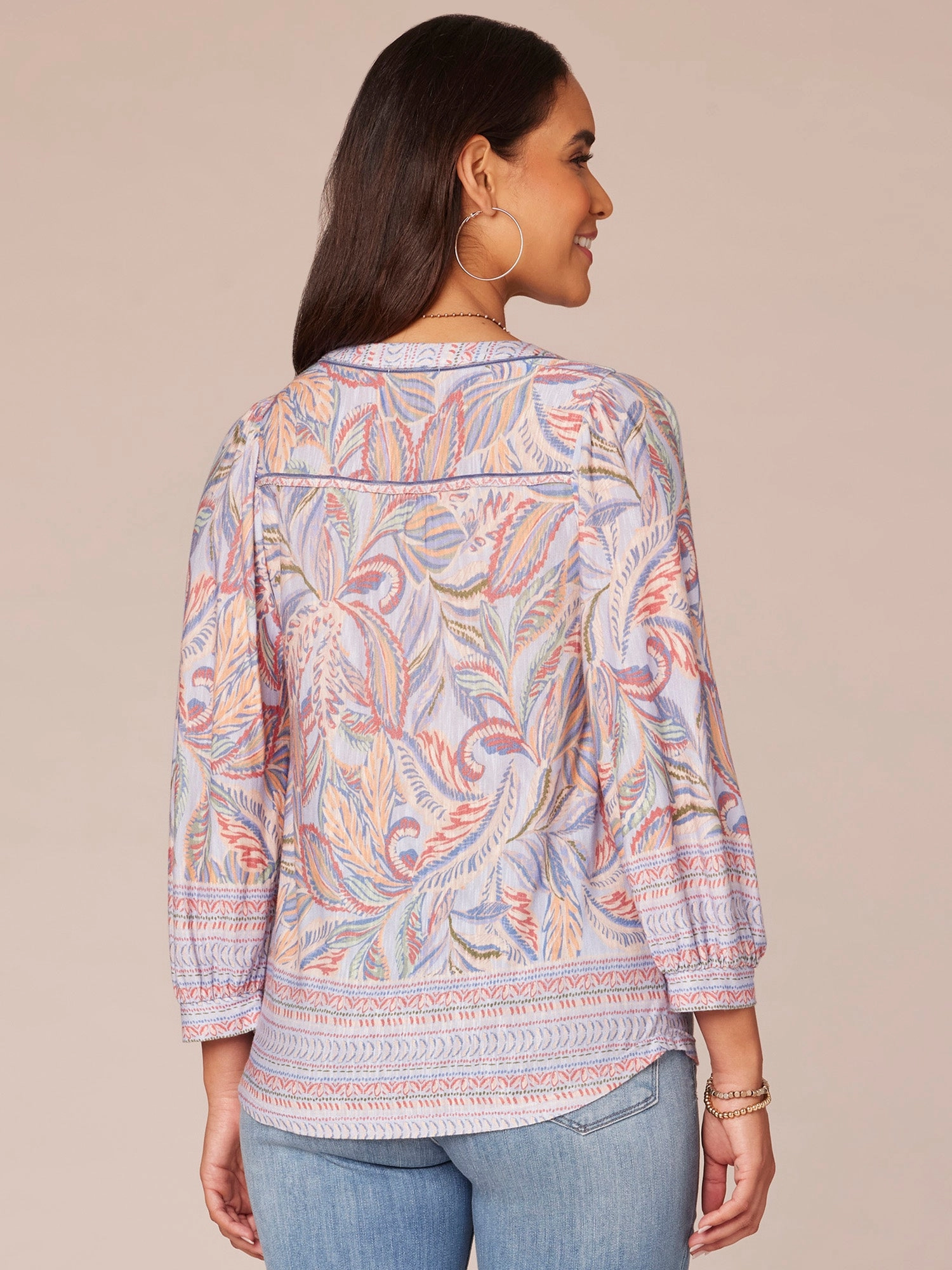 Three Quarter Blouson Sleeve Split Neck Border Print Knit Top