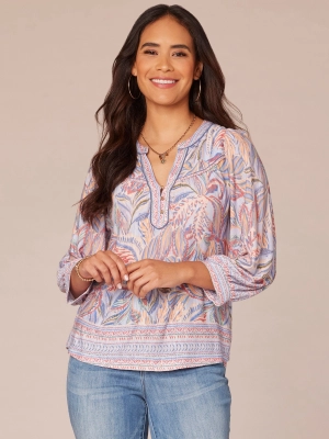 Three Quarter Blouson Sleeve Split Neck Border Print Knit Top