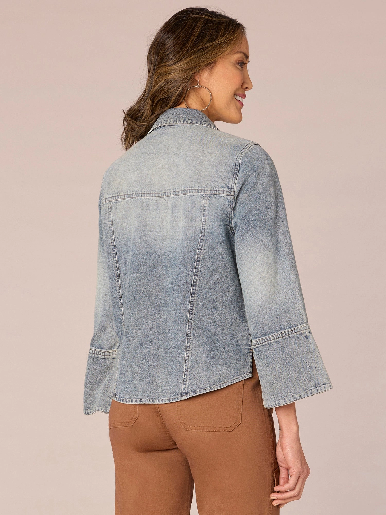 Three Quarter French Cuff Sleeve Button Down Flap Pocket Denim Shirt