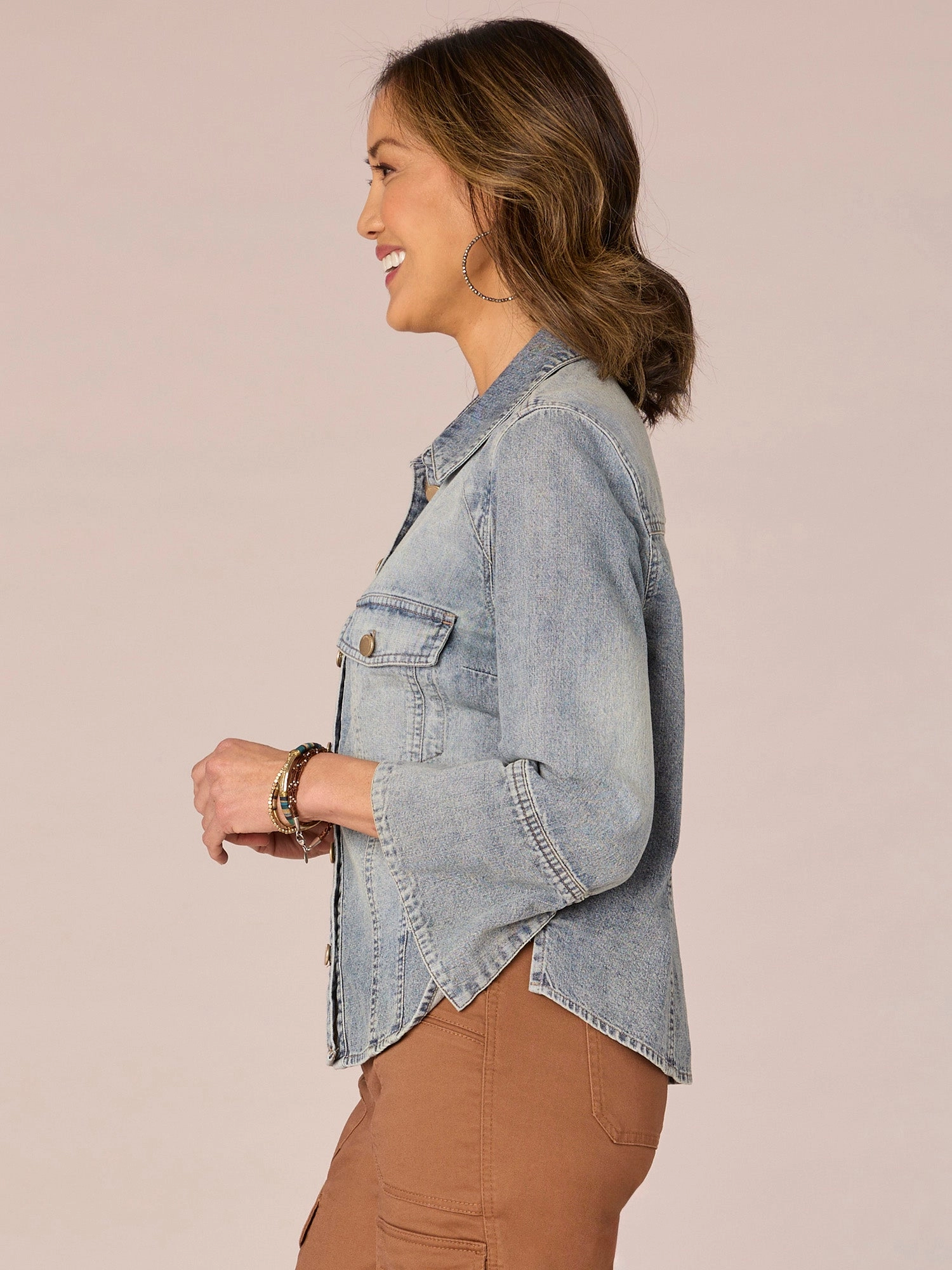 Three Quarter French Cuff Sleeve Button Down Flap Pocket Denim Shirt