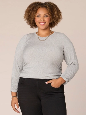 Three Quarter Ruched Sleeve Scoop Neck Plus Size Knit Top