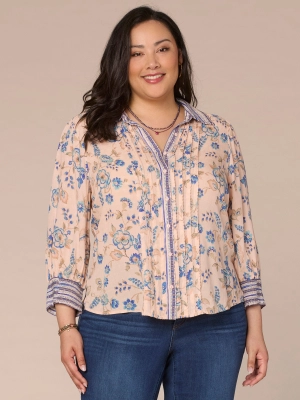 Three Quarter Sleeve Button Down Printed Plus Size Woven Shirt