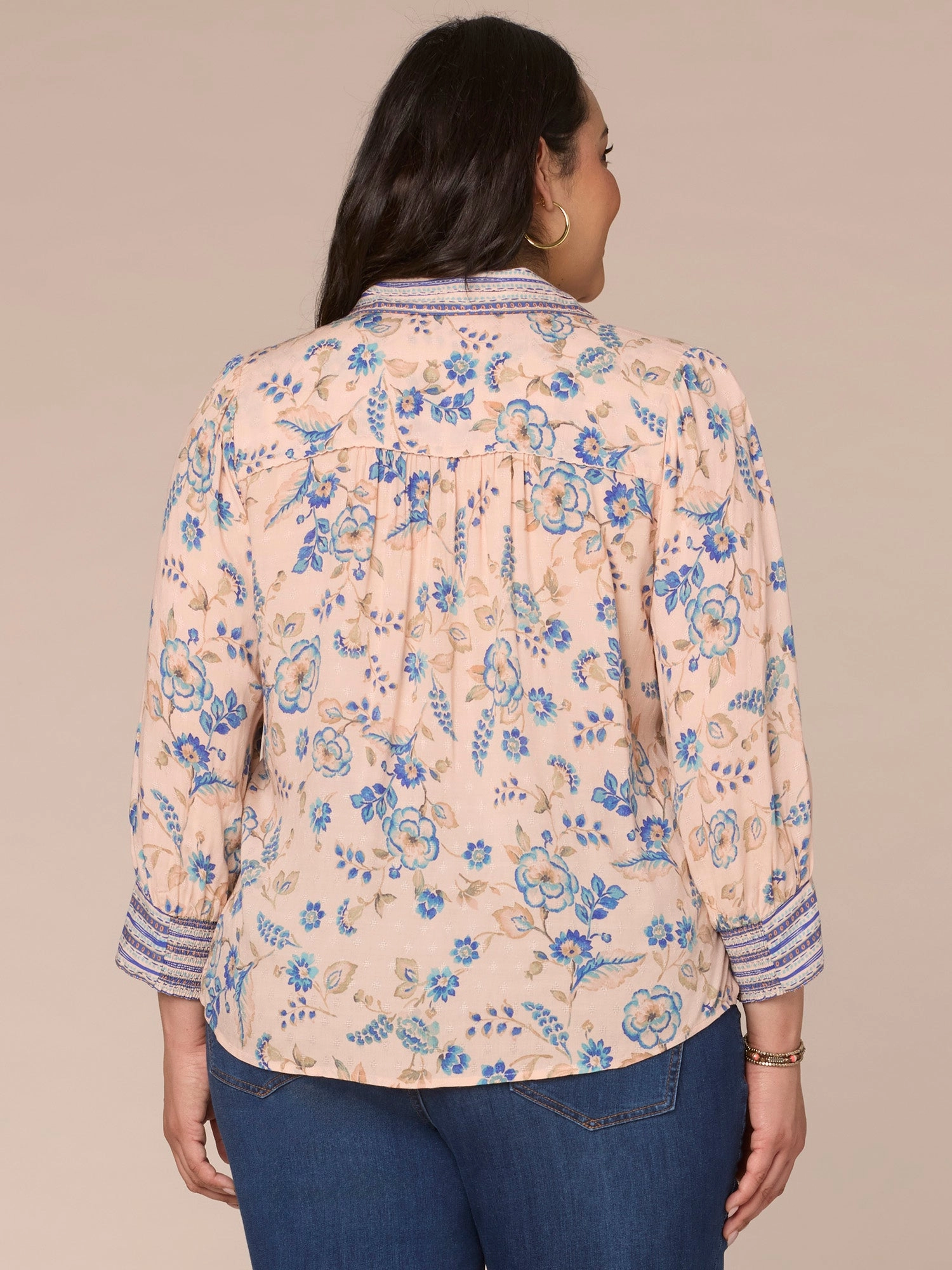 Three Quarter Sleeve Button Down Printed Plus Size Woven Shirt