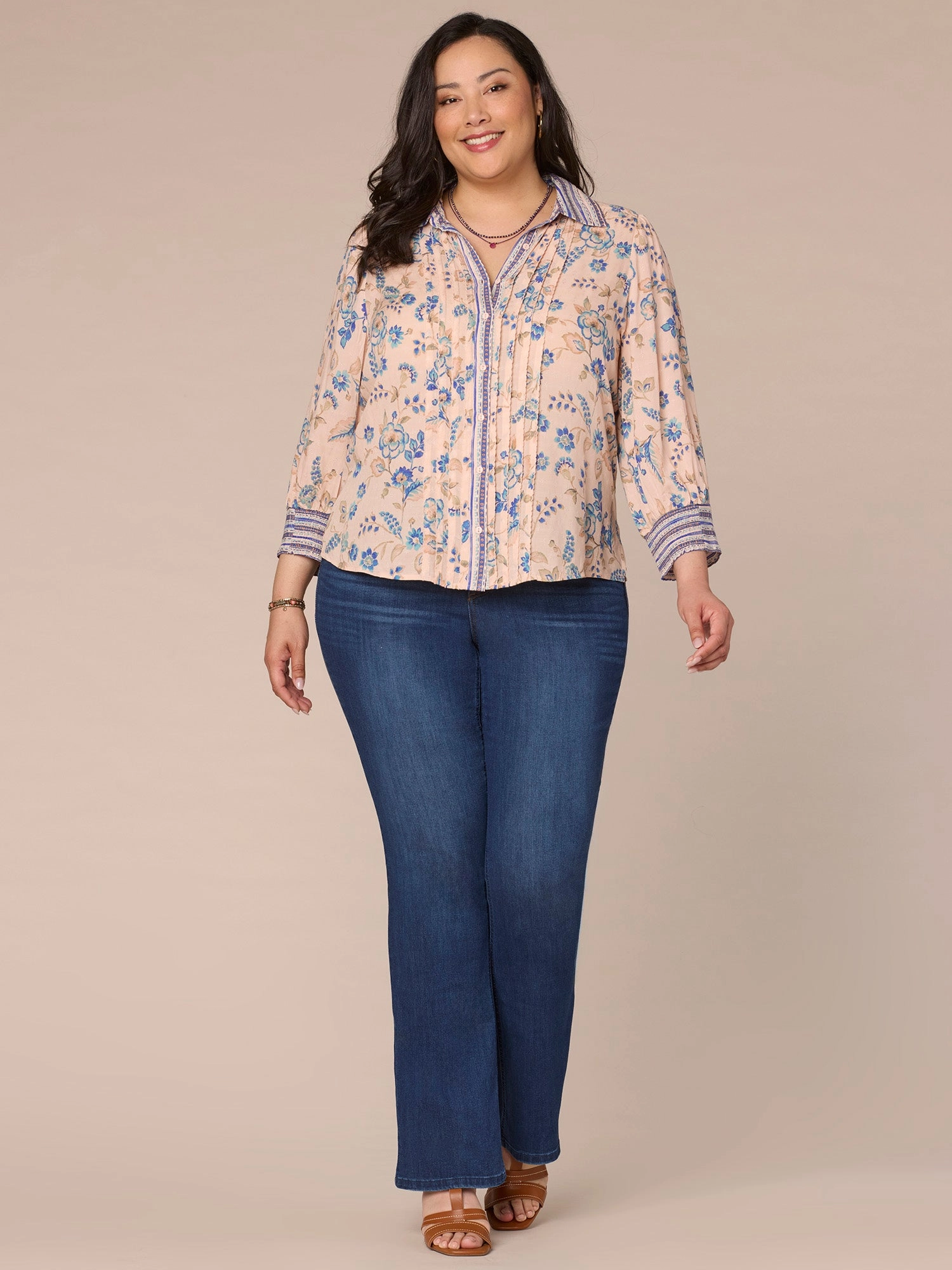 Three Quarter Sleeve Button Down Printed Plus Size Woven Shirt