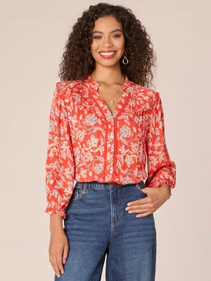 Three Quarter Sleeve Crochet-Lined V-Neck Printed Petite Woven Top