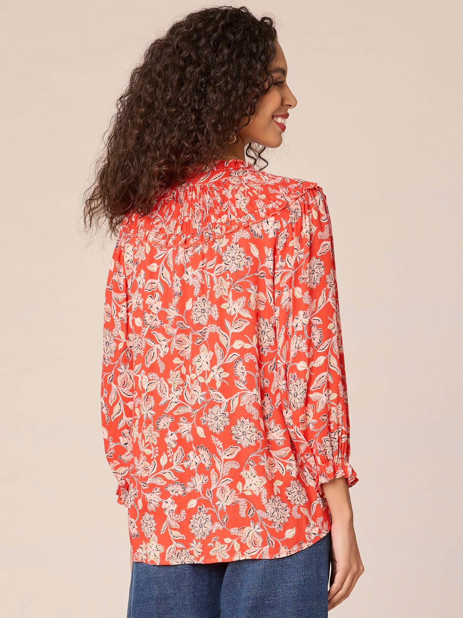 Three Quarter Sleeve Crochet-Lined V-Neck Printed Petite Woven Top