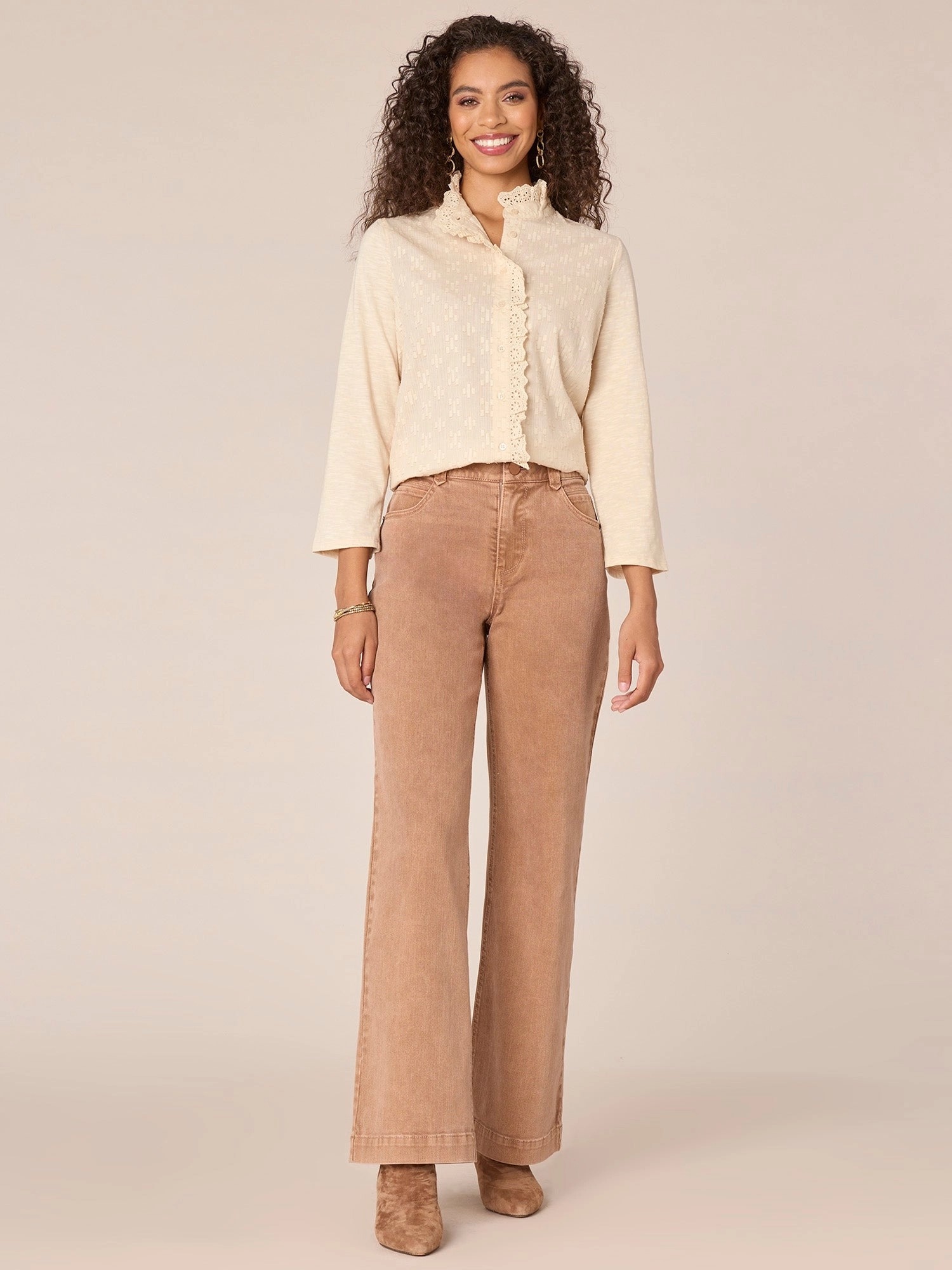 Three Quarter Sleeve Ruffle Button Down Placket Plus Size Woven Shirt