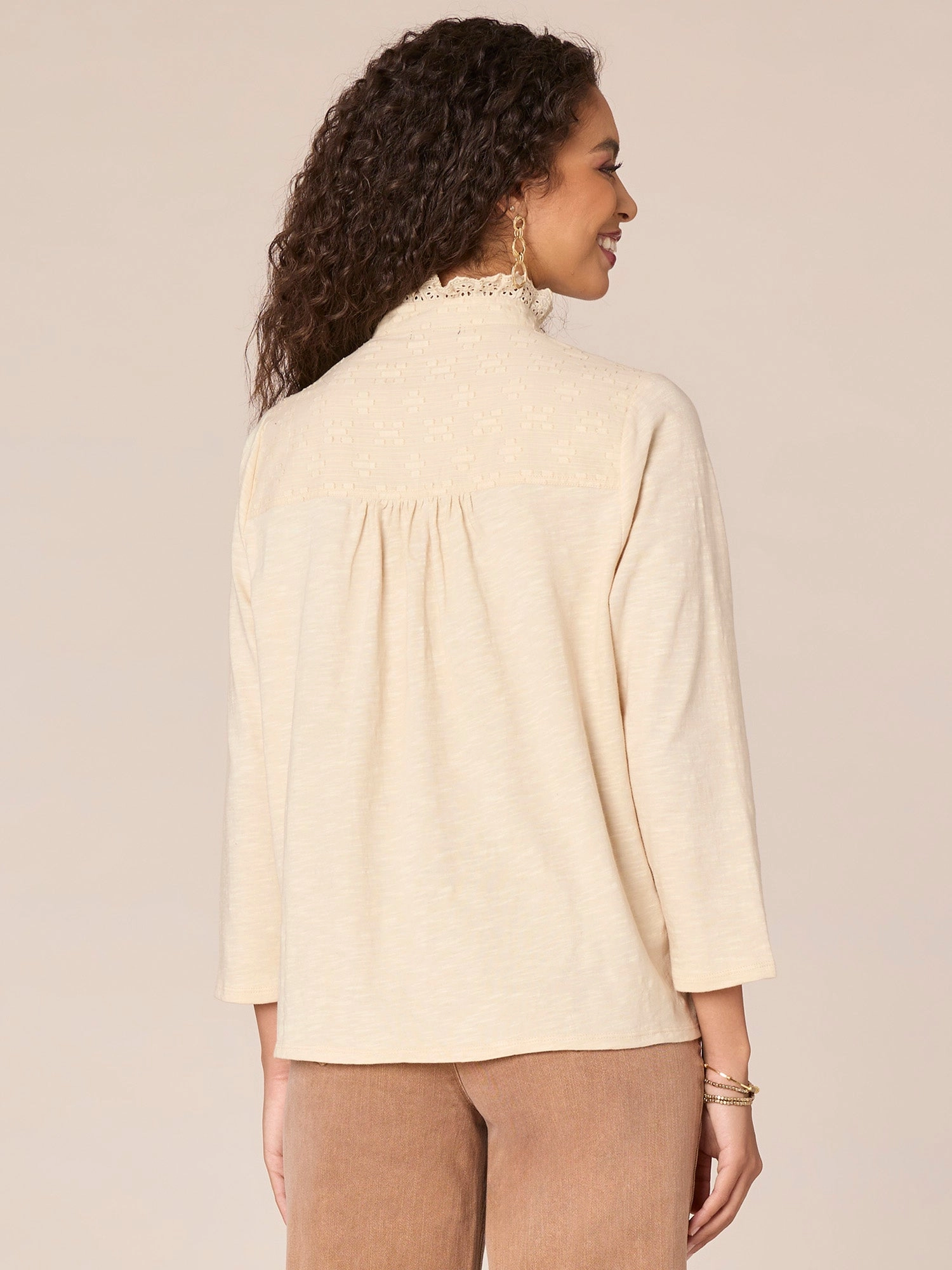 Three Quarter Sleeve Ruffle Button Down Placket Plus Size Woven Shirt