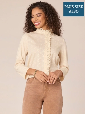 Three Quarter Sleeve Ruffle Button Down Placket Plus Size Woven Shirt