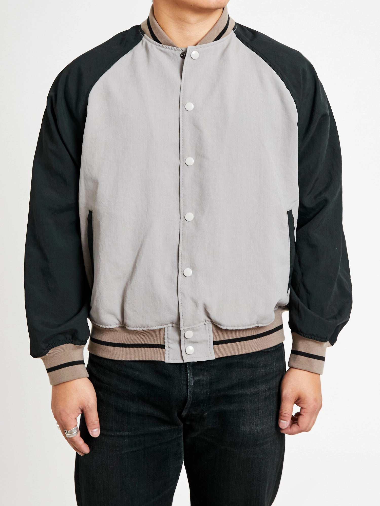 Two-Tone Baseball Jacket in Greige