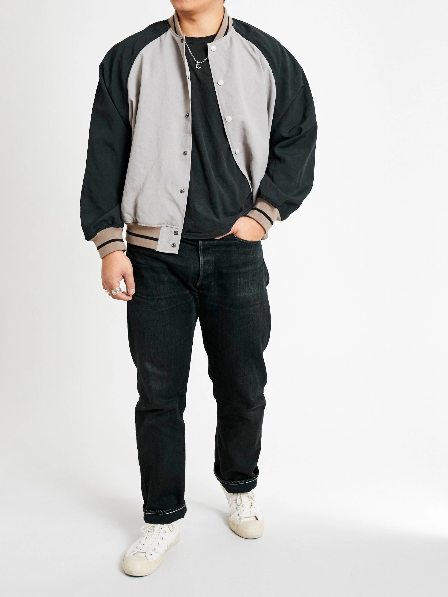 Two-Tone Baseball Jacket in Greige