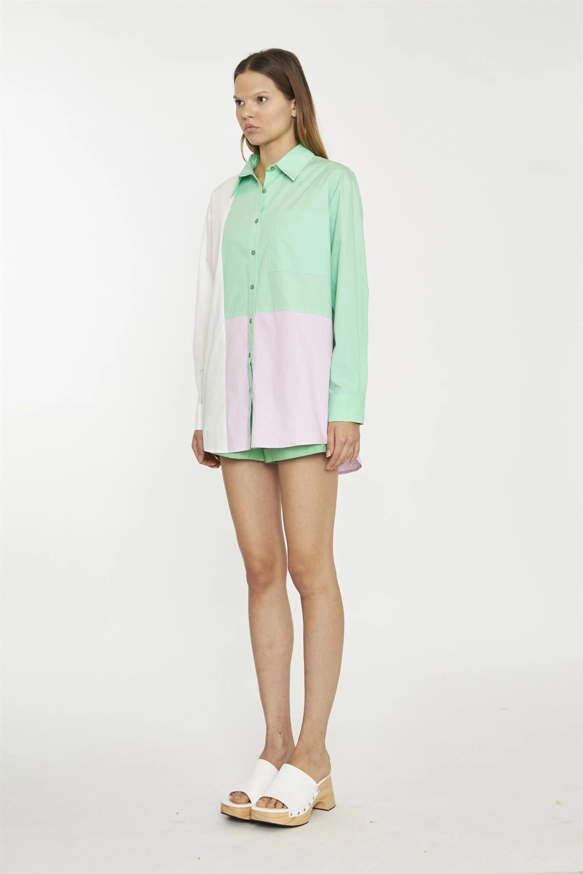White Green Pink Colour Block Long-Sleeve-Top