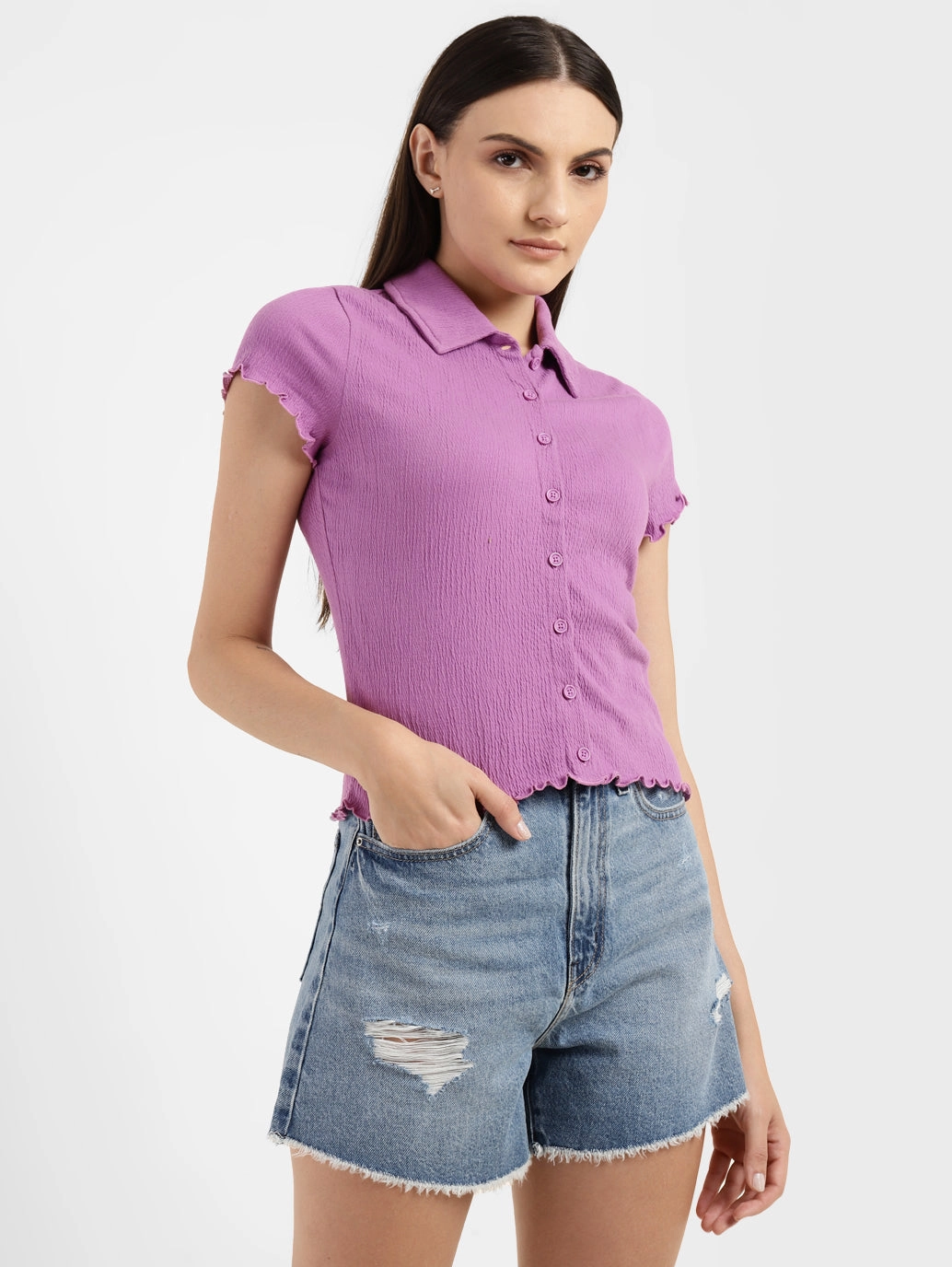 Women's Solid Spread Collar Top