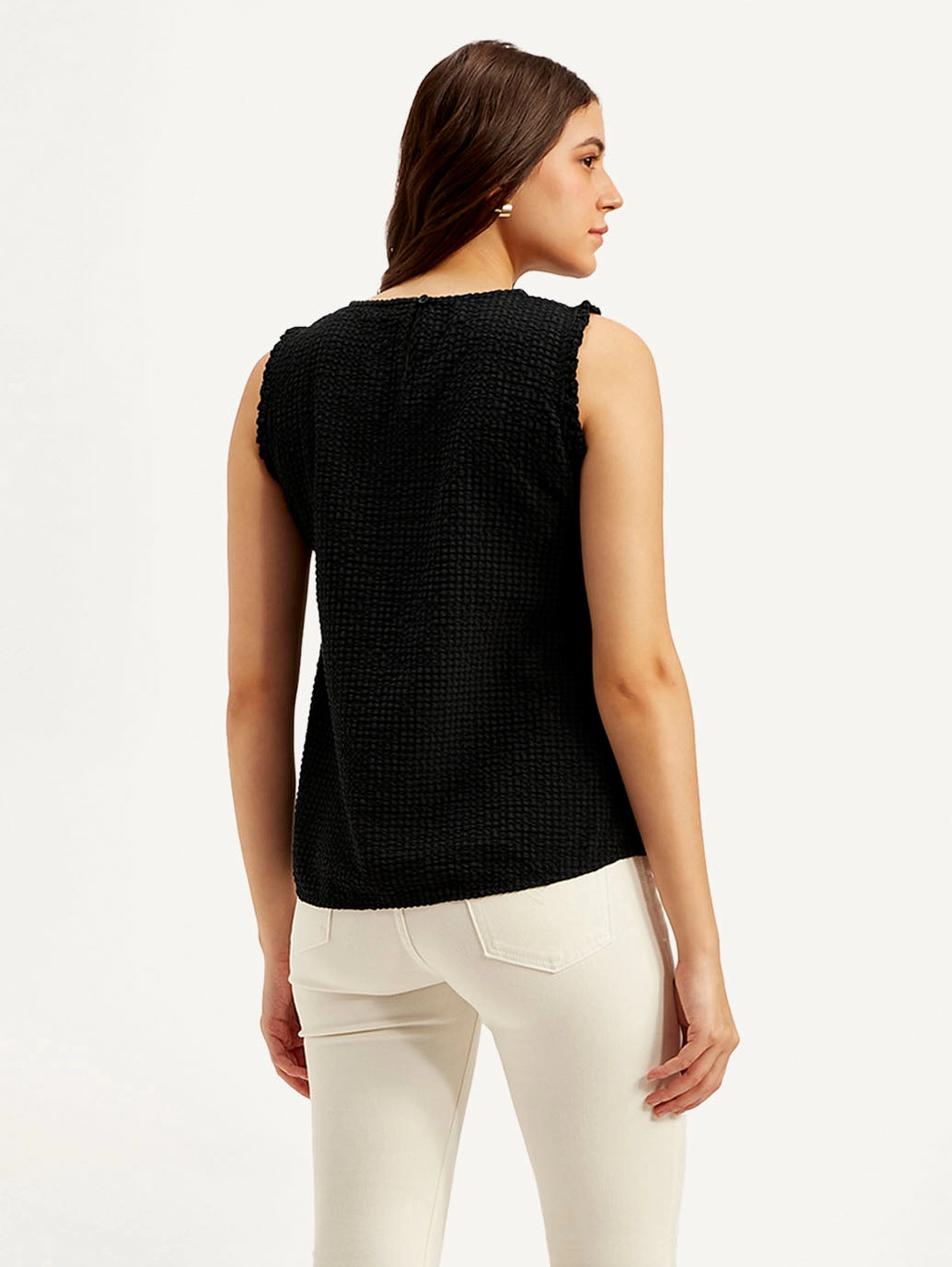 Women's Textured Black Round Neck Top