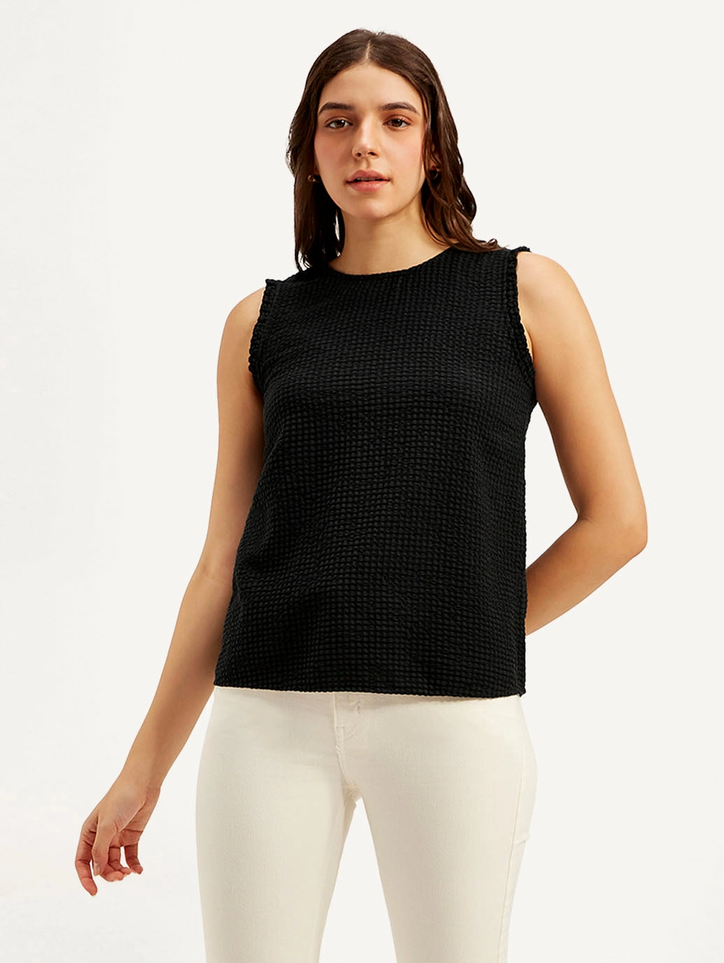Women's Textured Black Round Neck Top